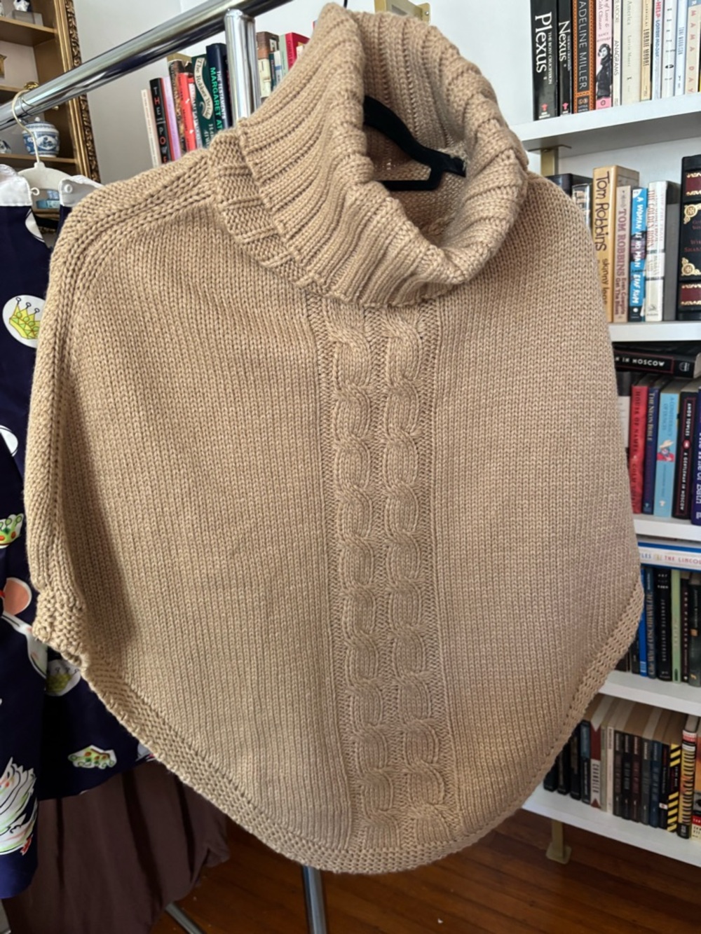 Turtleneck Cable-Knit Poncho Sweater in Beige